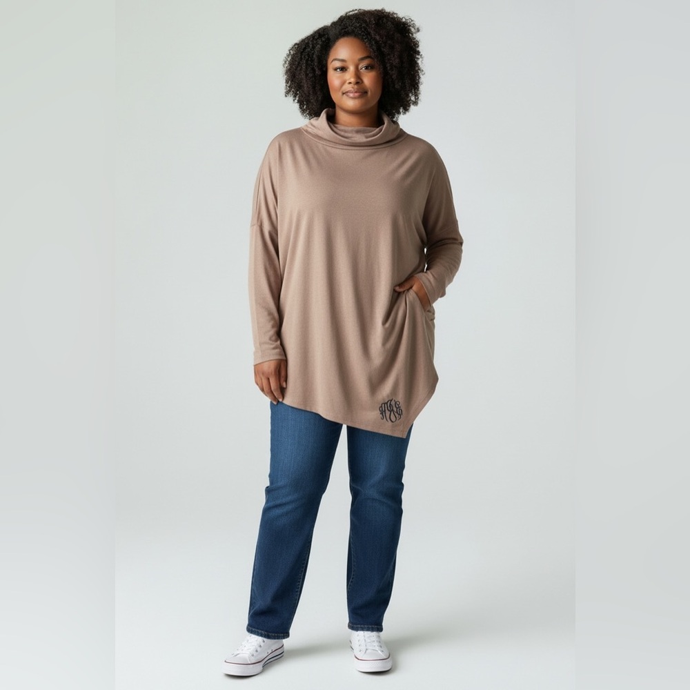 Marley Lilly “KJE” Embroidered Funnel Neck Tunic // Brown // 2XL/3XL